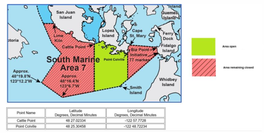 Map of Marine Area 7 South's shrimping boundaries.
