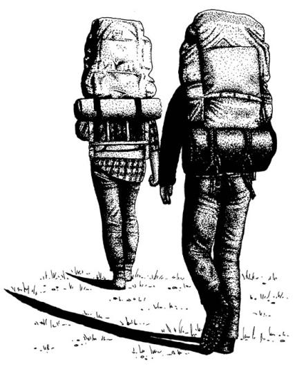Drawing of two backpackers seen from behind