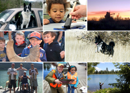 Collage of photos including Karelian bear dogs, youth outdoors, and people with disabilities
